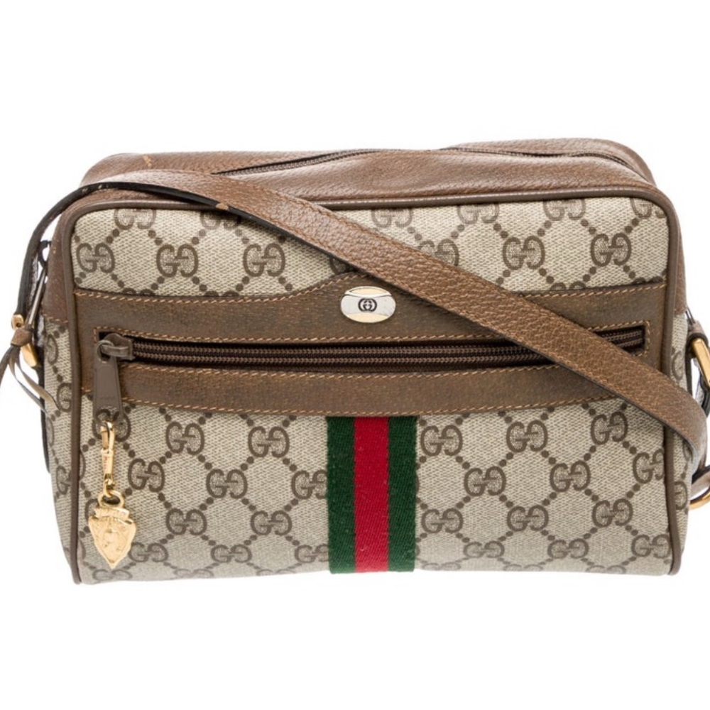 Gucci “GG Ophidia Vintage”Beige and Brown Crossbody Bag w/Red and Green Stripe